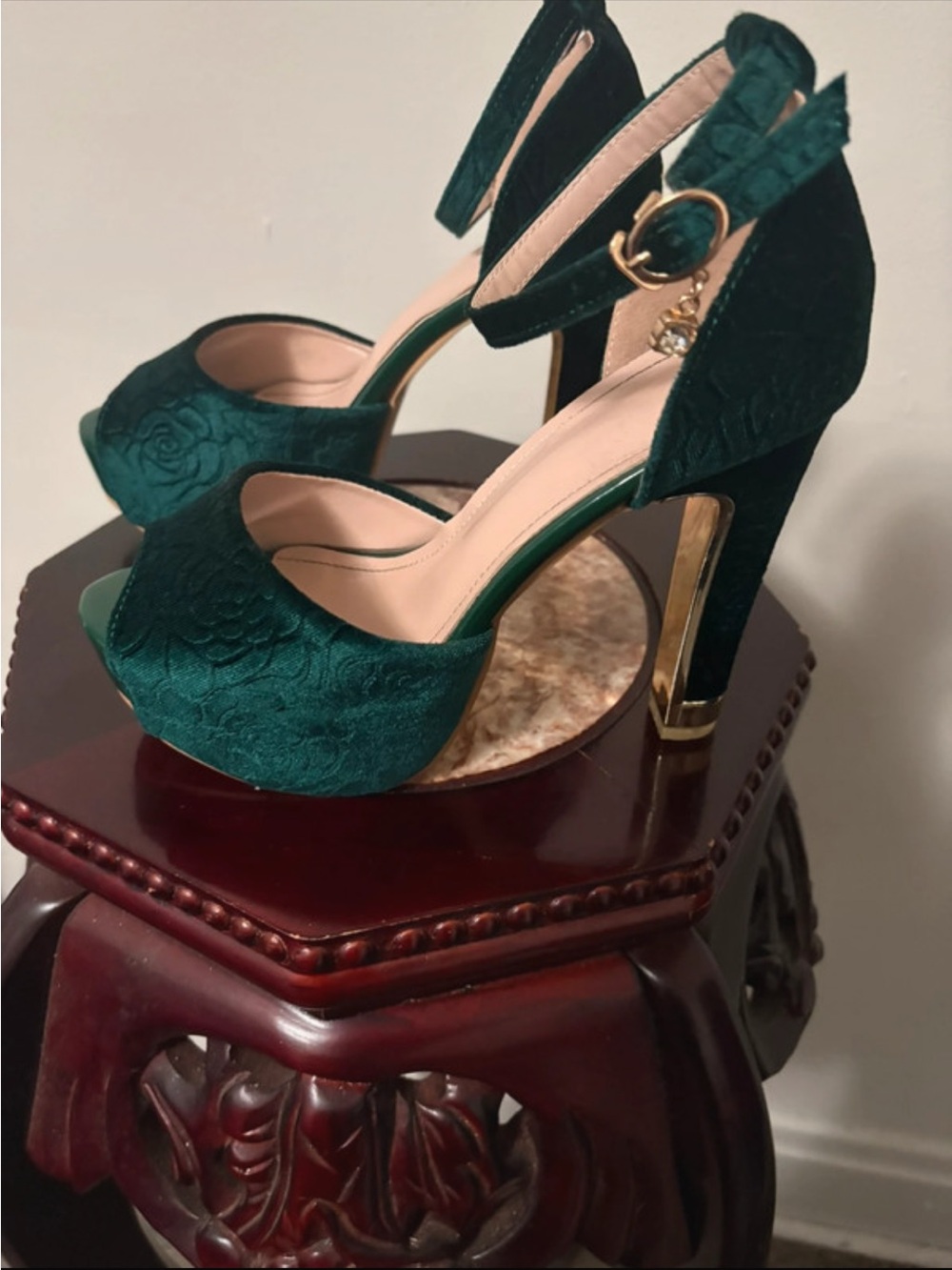 Women's Emerald Green Floral Ankle-Strap Platform Heels